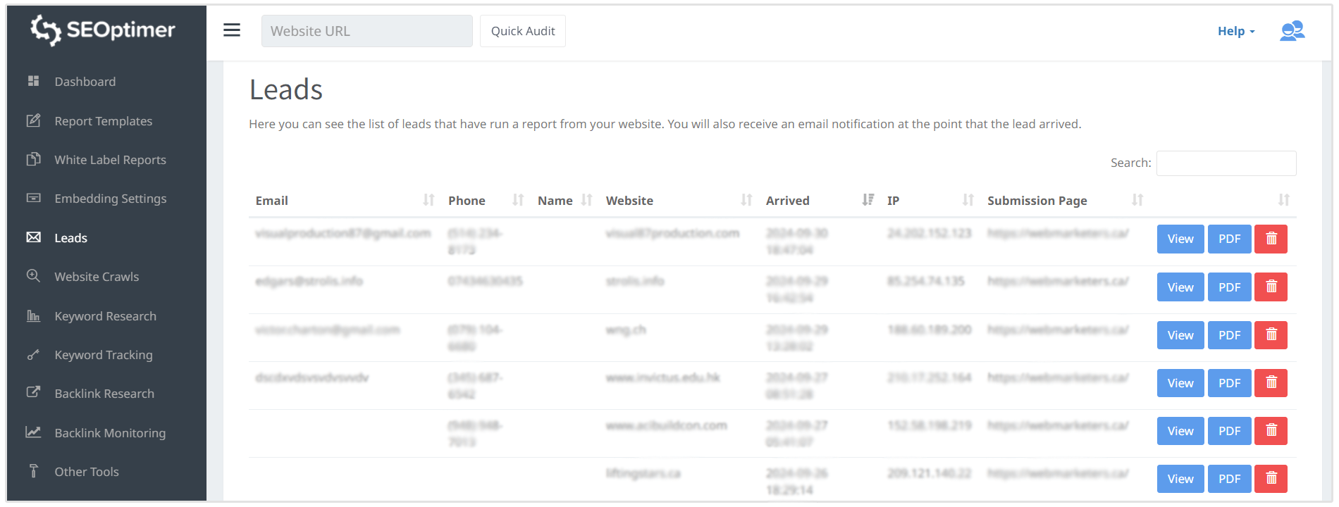 Leads di dashboard SEOptimer